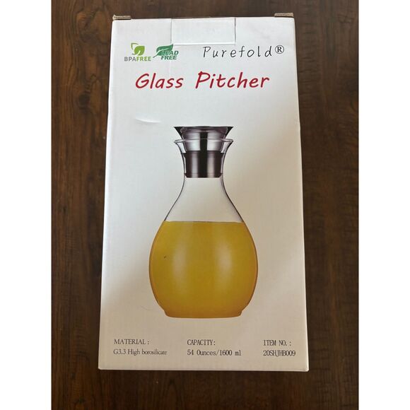 54 Ounces Retro Borosilicate Glass Carafe Pitcher with Stainless Steel Lid-NIB - Picture 2 of 3